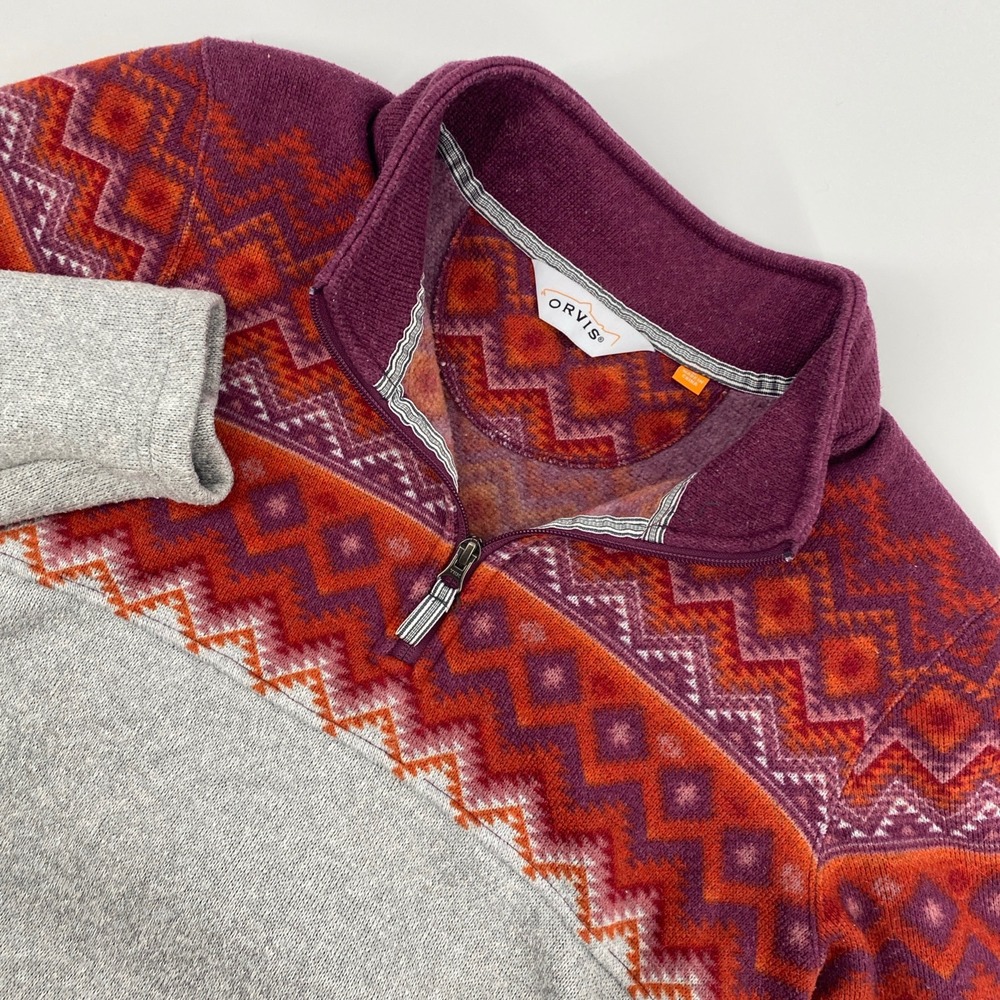 Orvis Quarter 1/4 Zip Fleece Mens Large Gray Purple Fair Isle Geometric Pullover